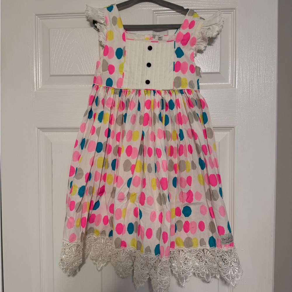 Girls' Polka Dot Lace Hem Dress - White with Pink & Blue Dots